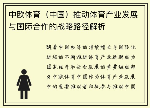中欧体育（中国）推动体育产业发展与国际合作的战略路径解析